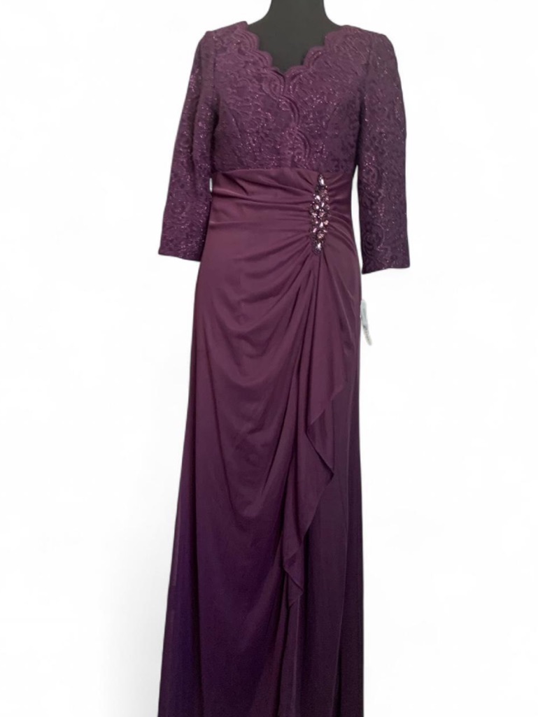 Alex Evenings Eggplant Sequin Beaded Jewel Lace A-Line Ruffle Gown